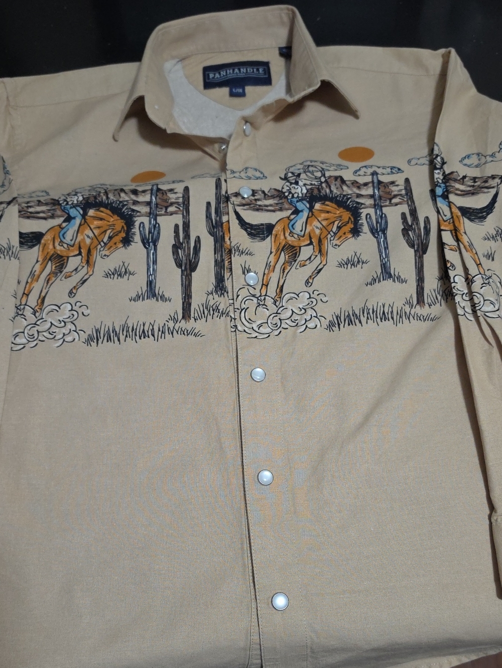 Panhandle Kids Beige Western Button-Down Shirt with Rodeo Print